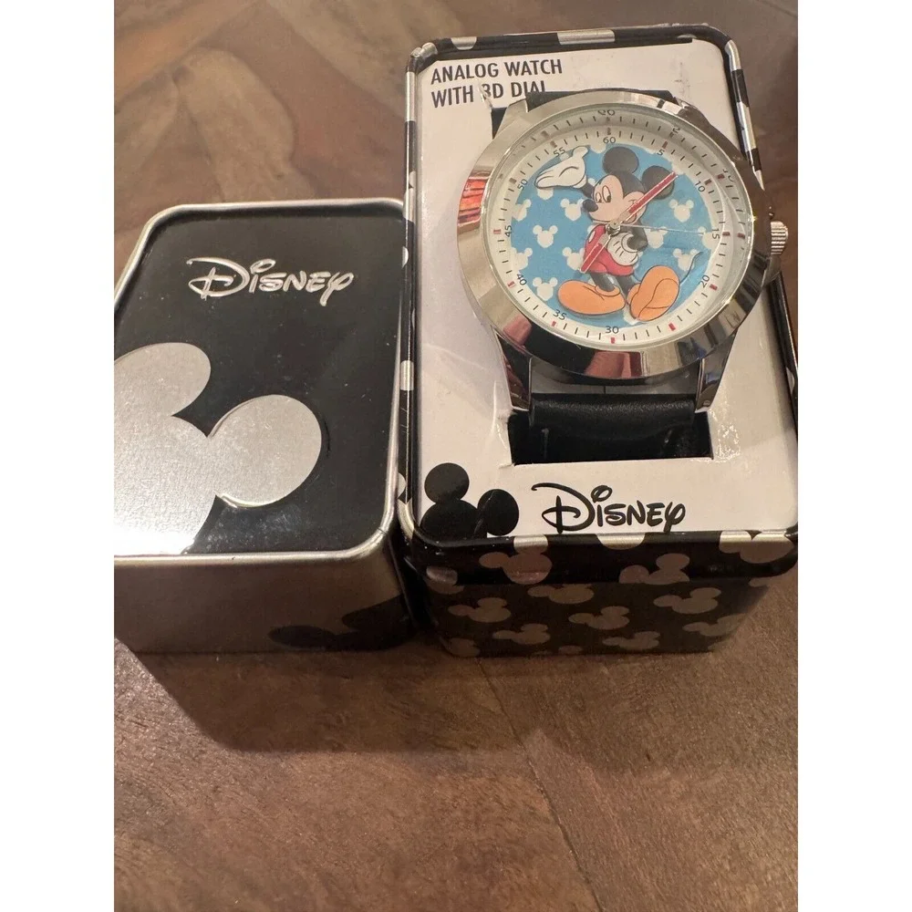 Disney Mickey Mouse Analog‎ Watch 3D Dial Black Leather Band in Tin Box